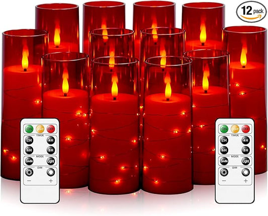 Sasigeiaa Flameless Candles with Embedded Star String - Battery Operated LED Candles, with Remote,12 Red Flickering Candles for Christmas, Weddings, Home Decor & Party,(D 2.3"×H 5" 6" 7")
