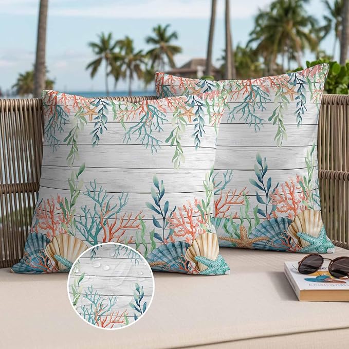 Throw Pillow Covers 24x24 Inch Set of 2, Summer Coastal Waterproof Outdoor Pillow Covers, Nautical Sea Coral Shell Starfish Wood Gray Decorative Cushion Pillowcases for Couch, Sofa, Bed, Garden, Patio