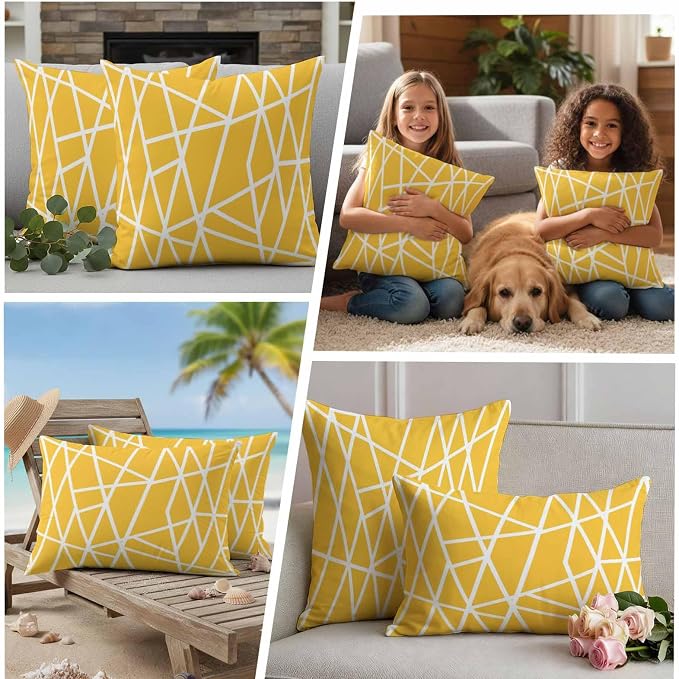Outdoor Pillow Covers Waterproof, Yellow Geometric Decorative Square Throw Pillowcases Patio Cushion Covers for Tent/Garden, 16" x 16" 2 Pack, Abstract Stripes Modern Minimalist