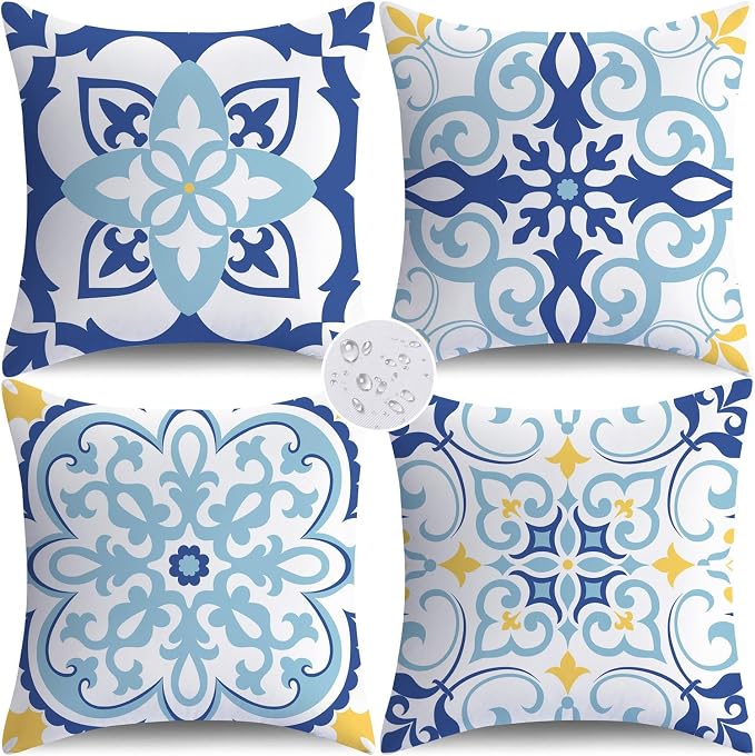 NIGHTWISH Outdoor Waterproof Pillow Covers 16x16 Set of 4 Blue Boho Decorative Outdoor Throw Pillows Floral Cushion Cases for Patio Furniture Bench Couch Sunbrella