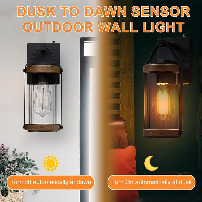 2 Pack Dusk to Dawn Sensor Outdoor Wall Lights with Wood Grain | Exterior Lantern Sconce Lighting Fixtures Waterproof Outside Wall Mount Lamp for House Patio Garage Entryway Doorway