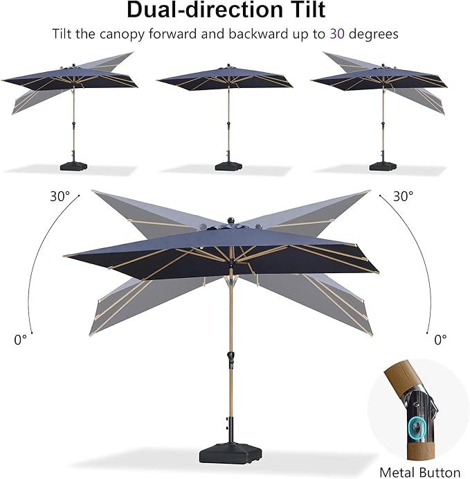 PURPLE LEAF 6' x 9' Market Umbrella Outdoor Table Umbrella Aluminum Patio Umbrella with Push Button Tilt & 8 Sturdy Ribs and Crank Rectangular Sun Umbrella for Pool Backyard Beach, Navy Blue