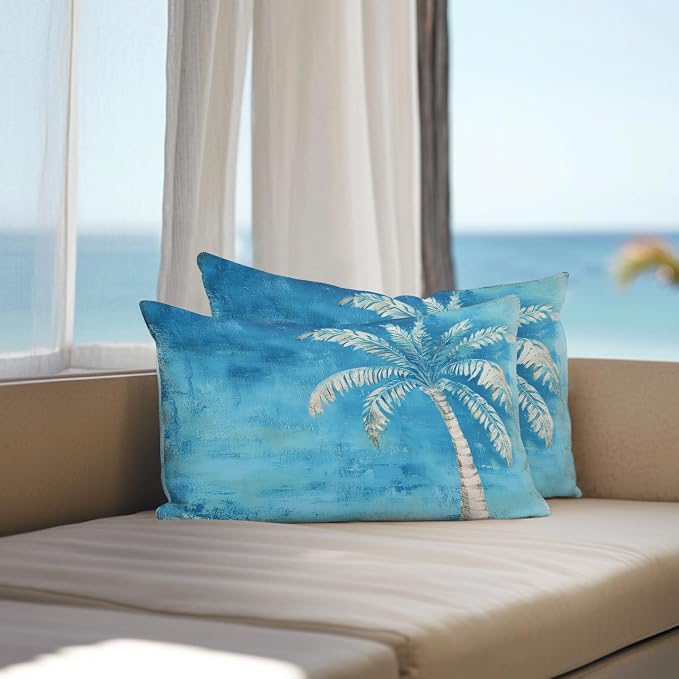 Coastal Beach Tree Blue Outdoor Waterproof Pillow Covers, Vintage Summer Palm Tropical Botanical Decorative Rectangle Throw Pillowcase Sofa Cushion Sham for Patio/Couch/Chair, 20"x12" 2 Pack