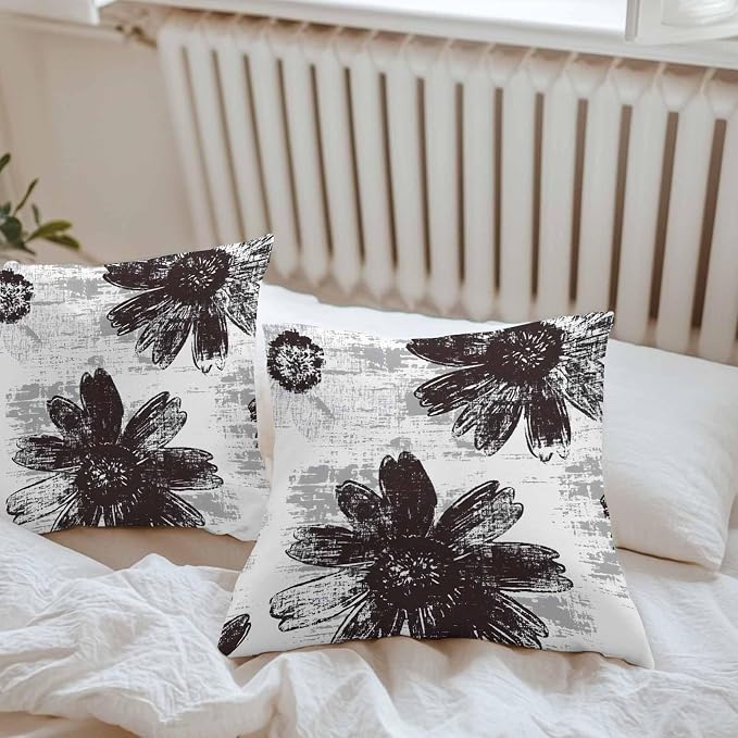 Vandarllin Outdoor Throw Pillows Covers 24x24 inch Set of 2 Waterproof Black Sunflower Decorative Zippered Cushion Covers for Patio Furniture, Floral Field Lumbar Pillowcases