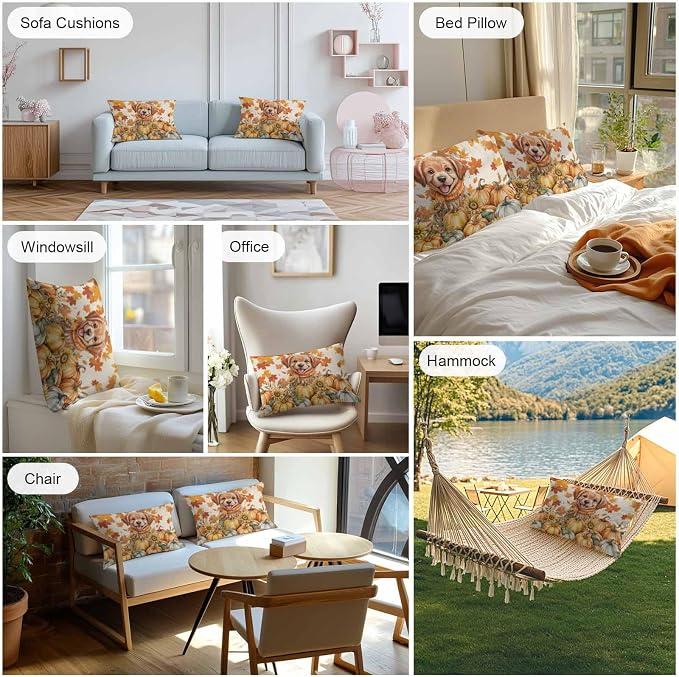 Orange Cute Dog Outdoor Waterproof Pillow Covers, Fall Pumpkins Maple Leaves Retro Pastoral Decorative Rectangle Throw Pillowcase Sofa Cushion Sham for Patio/Couch/Chair, 20"x12" 2 Pack