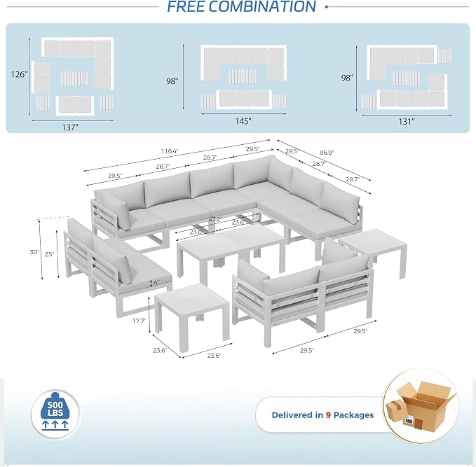 NICESOUL 14 Pcs Extra Large Modern Aluminum Outdoor Sofa with Coffee Table, 29" Deep Wide Seat, 500 lbs Durable Sectional Set for Heavy People,High End Patio Furniture Set for Backyard, Light Gray