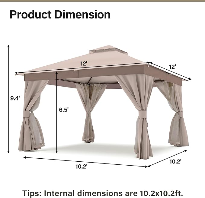 LAUSAINT HOME 12'x12' Outdoor Gazebo, Metal Frame Heavy Duty Patio Canopy Tent Shelter with Double Roofs, Mosquito Nettings and Privacy Screens for Backyard, Garden, Lawn, Khaki