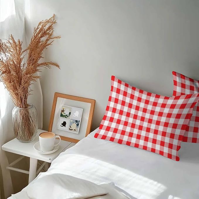 Outdoor Waterproof Throw Pillow Covers Set of 2 Red White Buffalo Plaid Lumbar Pillowcases 20x12 Inches Pastoral Checked Decorative Pillows Cushion Case Patio Pillows for Couch Bed Chair Garden