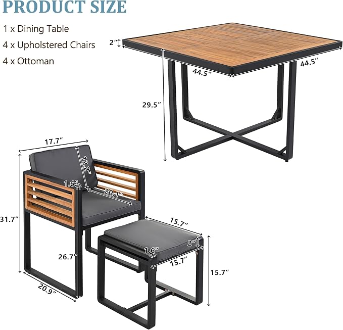 9-Pieces Outdoor Dining Set for 8, Acacia Wood Patio Furniture Set with Outdoor Square Table and 4 Cushioned Chairs & 4 Ottomans for Backyard, Garden, Deck and Poolside (Grey, 9 Piece)
