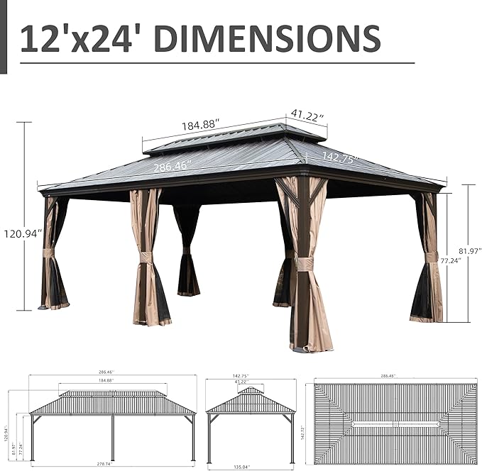 Domi 12' X 24' Hardtop Gazebo, Upgraded Metal Gazebo with Drainage System, Dual-Layer Galvanized Steel Roof, Curtain and Netting, Outdoor Shelter Canopy for Patio, Garden, and Backyard, Brown