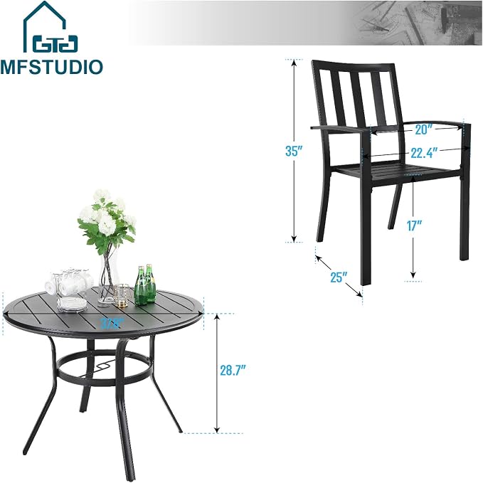 MFSTUDIO Outdoor Dining Set for 4, Round Patio Table and Chairs Set with Umbrella Hole, Metal Patio Furniture Set for Deck, Backyard, Poolside & Garden