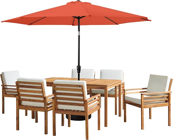 Alaterre Furniture Okemo 8 Piece Outdoor Dining Set with Umbrella - Solid Acacia Wood Outdoor Furniture Set with 63” Patio Table, 6 Patio Chairs, and 10ft Orange Umbrella