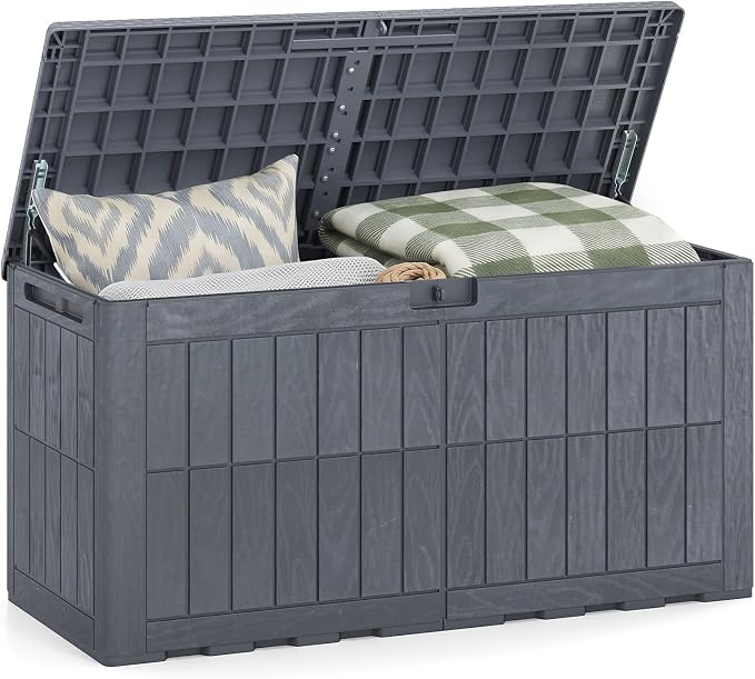 HAPPYGRILL 100 Gal Outdoor Deck Box, Lockable Storage Bin with Lid and Handles, Waterproof and Sun-Protective Patio Bench and Storage Box for Garden Tools Pool Supplies (Gray, 100Gallon)