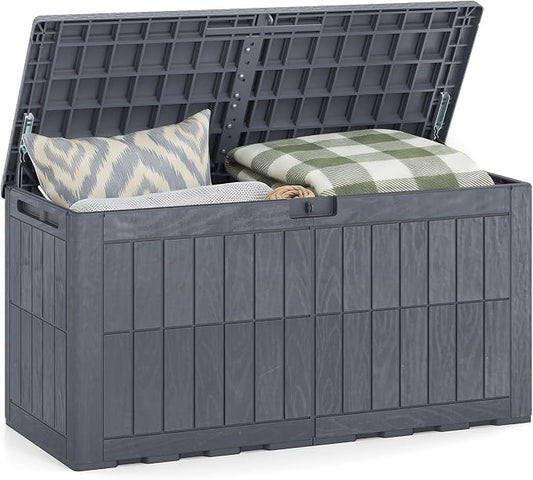 HAPPYGRILL 100 Gal Outdoor Deck Box, Lockable Storage Bin with Lid and Handles, Waterproof and Sun-Protective Patio Bench and Storage Box for Garden Tools Pool Supplies (Gray, 100Gallon)