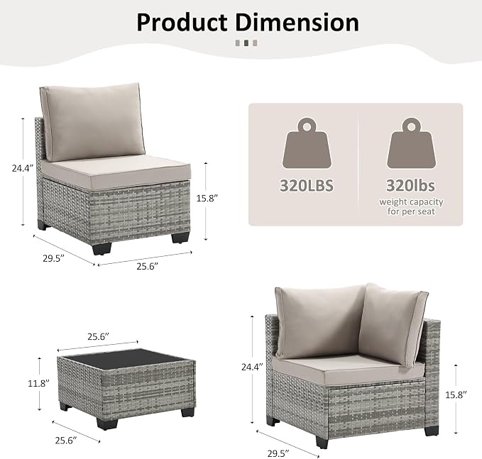 ANJ 7 Piece Outdoor Wicker Patio Furniture Set, Modular Loveseat Sofa with with Glass Top Coffee Table, All-Weather Rattan Conversation Couch Set for Balcony, Backyard, Light Grey Wicker-Grey