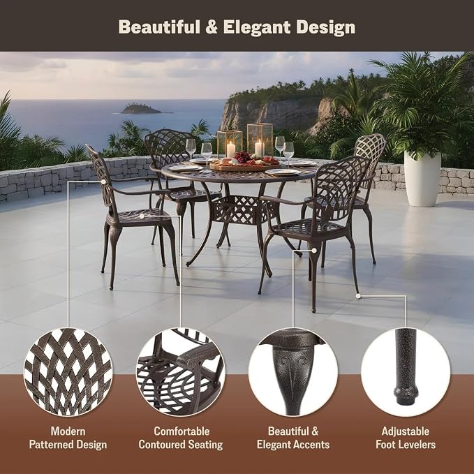 5-Piece Outdoor Dining Set, All-Weather Cast Aluminum Resistant Patio Dining Furniture, Includes 4 Chairs and 1 Round Table with Umbrella Hole for Garden Deck Backyard