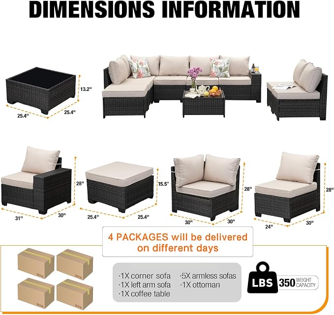 9 Pieces Patio Furniture Set, Wicker PE Rattan Outdoor Sectional with Cushion & Coffee Table, Patio Conversation Sofa for Garden, Backyard, Poolside, Beige