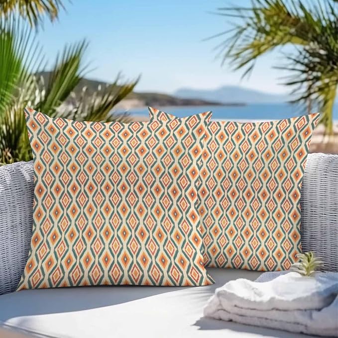 Throw Pillow Covers 16x16 Inch Set of 2, Orange Teal Geometric Waterproof Outdoor Pillow Covers, Southwest Ethnic Country Decorative Cushion Pillowcases for Couch, Sofa, Bed, Garden, Patio