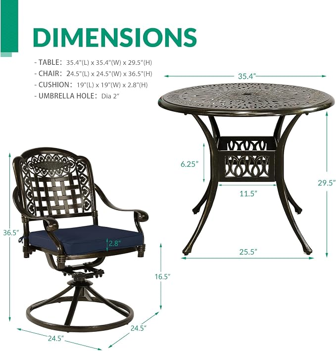 VIVIJASON 3-Piece Patio Bistro Set, Outdoor All-Weather Cast Aluminum Furniture Dining Set, Include 2 Swivel Chairs and 34.5" Round Table w/Umbrella Hole for Balcony, Lawn, Garden (Navy Blue Cushion)