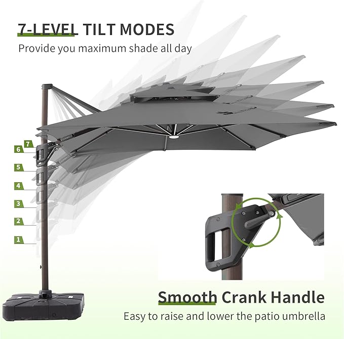 JZAC & QZYD 10X13 FT Outdoor Cantilever Patio Umbrella with Base Included and LED Lights, Large Heavy Duty 2-Tier Aluminum Offset Umbrellas with 360-Degree Rotation for Pool Deck, Grey
