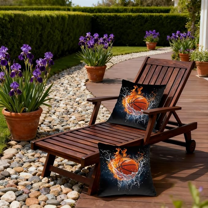18x18 Inch Outdoor Pillow Covers Set of 2 Waterproof Throw Pillow Covers Decorative Couch Cushion Covers Basketball in Fire Square Pillowcases Protectors for Patio Garden Sofa