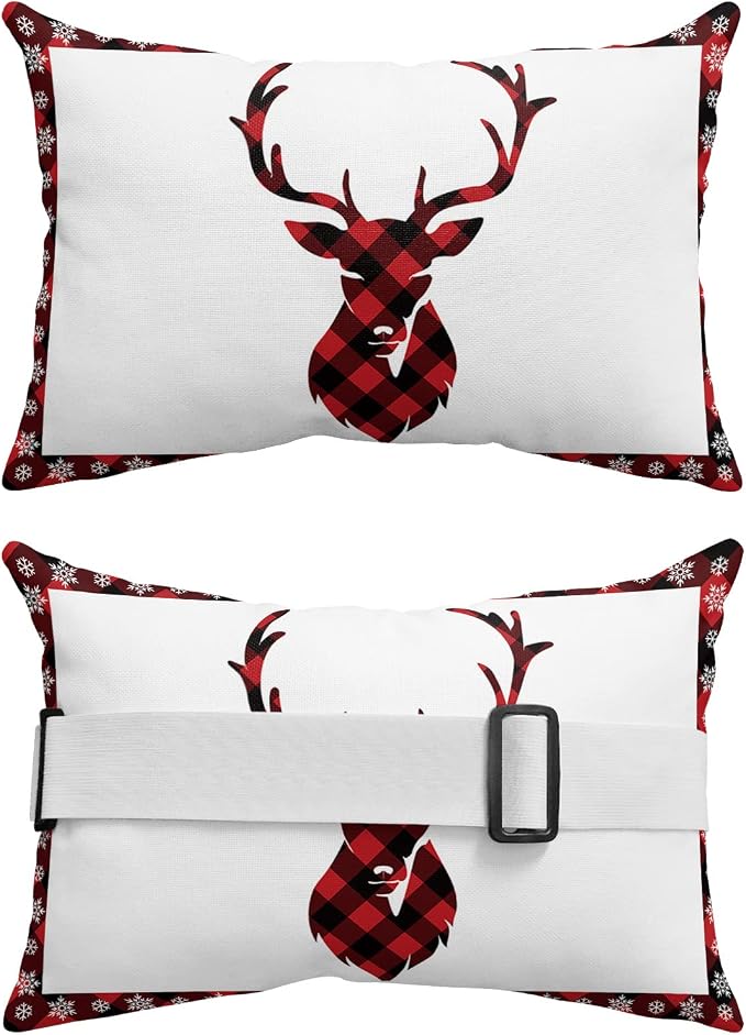Outdoor Pillows Covers with Inserts Christmas Red and Black Buffalo Plaid Elk Waterproof Recliner Pillow with Adjustable Strap Throw Pillows for Patio Furniture Pool Lounge Chair, 11x16 inch, 1PCS
