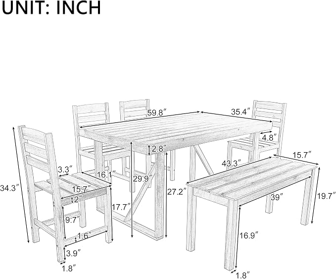 6 Person Outdoor Acacia Wood Dining Table Set, All Weather 6 Pieces Conversation Set, 60'' Rectangle Dining Table with 4 Chairs and Bench for Patio Backyard Garden Poolside Balcony (Natural-26)