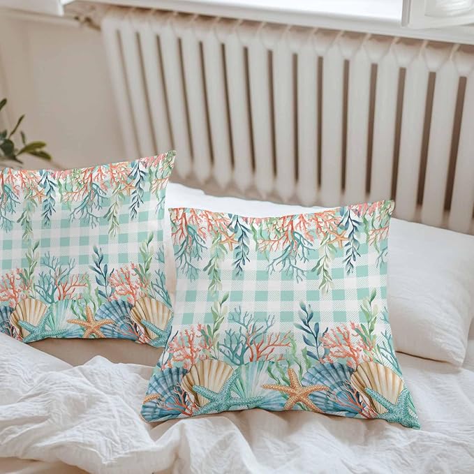 Throw Pillow Covers 26x26 Inch Set of 2, Summer Coastal Waterproof Outdoor Pillow Covers, Watercolor Corals Shells Starfish Green Plaid Decorative Cushion Pillowcases for Couch, Sofa, Bed, Patio