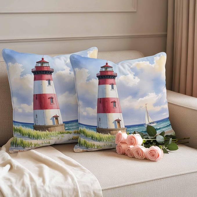Beach Lighthouse Waterproof Outdoor Pillow Covers Set of 2 Home Decor, Coastal Ocean Ship Sky Oil Painting Pillowcase Patio Pillow Covers for Couch Bench Furniture Garden 18x18in
