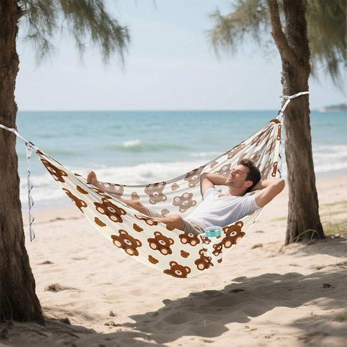 Camping Hammock Outdoor Hammocks for Outside Bear Brown Cute Beach Trees Portable Lightweight with Pockets Tree Straps Indoor
