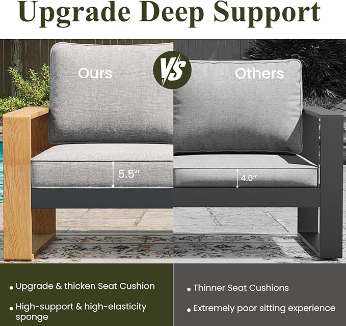 LayinSun Aluminum Patio Furniture Set 3 Seat Sofa, Oversized Seat with Hight Back, Outdoor Conversation Sets for Porch, Balcony, Deck