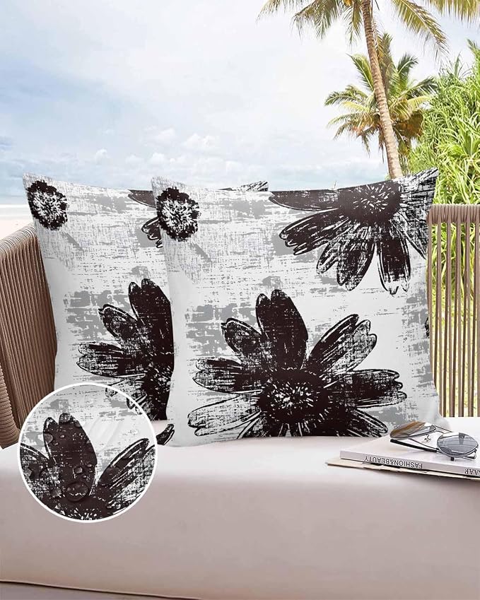 Vandarllin Outdoor Throw Pillows Covers 18x18 inch Set of 2 Waterproof Black Sunflower Decorative Zippered Cushion Covers for Patio Furniture, Floral Field Lumbar Pillowcases