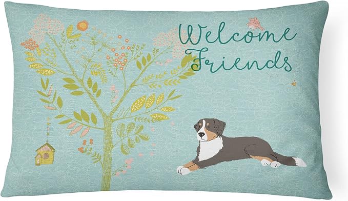 Caroline's Treasures BB7579PW1216 Welcome Friends Bernese Mountain Dog Canvas Fabric Decorative Pillow Machine Washable, Indoor Outdoor Decorative Pillow for Couch, Bed or Patio, 12HX16W