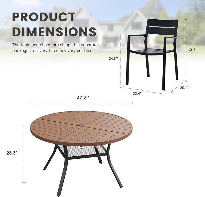 Patio Dining Set for 6, Round 47.3" Patio Dining Table and Stackable Outdoor Dining Chairs Outdoor Furniture for Backyard Porch Deck, Spliced Walnut Table and Black Chairs