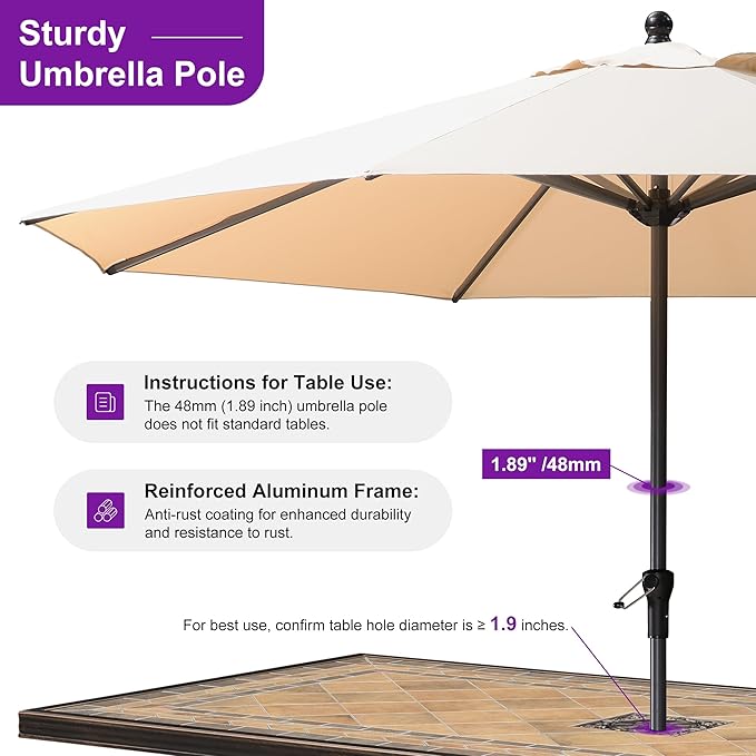 PURPLE LEAF 11' Round Patio Umbrella Outdoor Table Umbrella Aluminum Frame Market Umbrella Sun Umbrella with 8 Sturdy Ribs for Garden Deck Lawn & Pool Beige