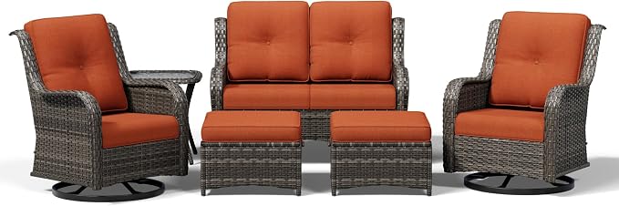 Joyside 6 Piece Wicker Patio Furniture Set, Outdoor Swivel Rocker Patio Chairs with High Back, Deep Seating, Wide Armrest, Thickened Cushions, Outdoor Furniture for Deck, Porch Use