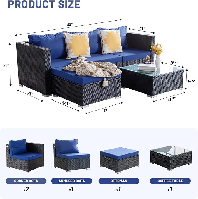 5 Piece Rattan Patio Furniture Set, Outdoor Patio Conversation Set | Soft Removable Cushion and Backrest, Tempered Coffee Table, Modern Chairs and Table Sets for Porch, Garden, Lawn, Black/Blue
