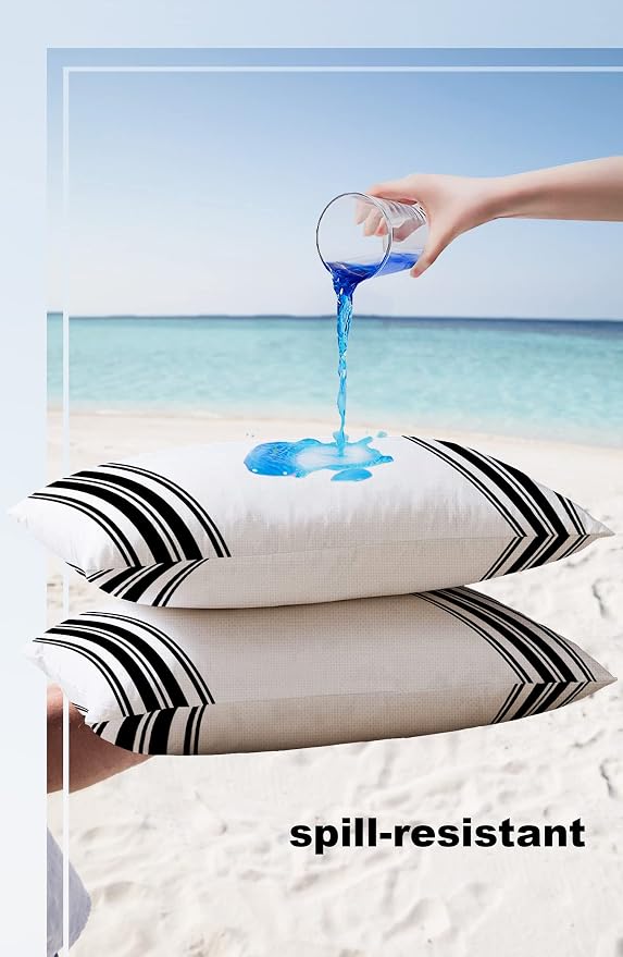 Outdoor Waterproof Pillow Covers for Patio Furniture Black Ticking Vertically Stripe Decorative Throw Pillow Cover Simple Style White Pillowcases Set of 2 Cushion Case for Sofa Couch Chair 20 x 12 In