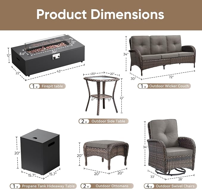 HUMMUH Luxury Patio Furniture Set with High Back Swivel Rocker Chairs & 3 Seater-Couch & Steel Fire Pit Table & Ottomans 7 Pieces Outdoor Conversation Set for Porch,Deck,Backyard