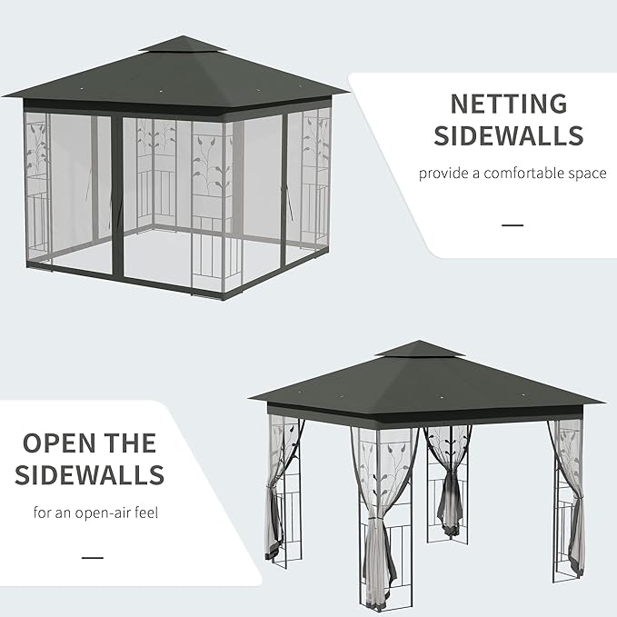 Outsunny 10' x 10' Metal Patio Gazebo, Double Roof Outdoor Gazebo Canopy Shelter with Tree Motifs Corner Frame and Netting, for Garden, Lawn, Backyard, and Deck, Gray