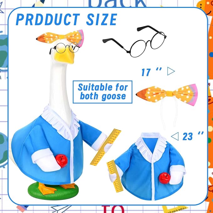 JcHrmers Back to School Porch Goose Outfits Teacher Lawn Goose Clothes Fits 23" / 17'' Cement Plastic Goose Statue for Outdoor Garden Yard Patio School Classroom Decor