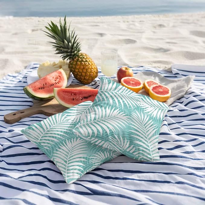 Vandarllin Outdoor Throw Pillows Covers 24x24 inch Set of 2 Waterproof Tropical Palm Leaves Decorative Zippered Cushion Covers for Patio Furniture, Aqua Summer Beach Leaf Lumbar Pillowcases