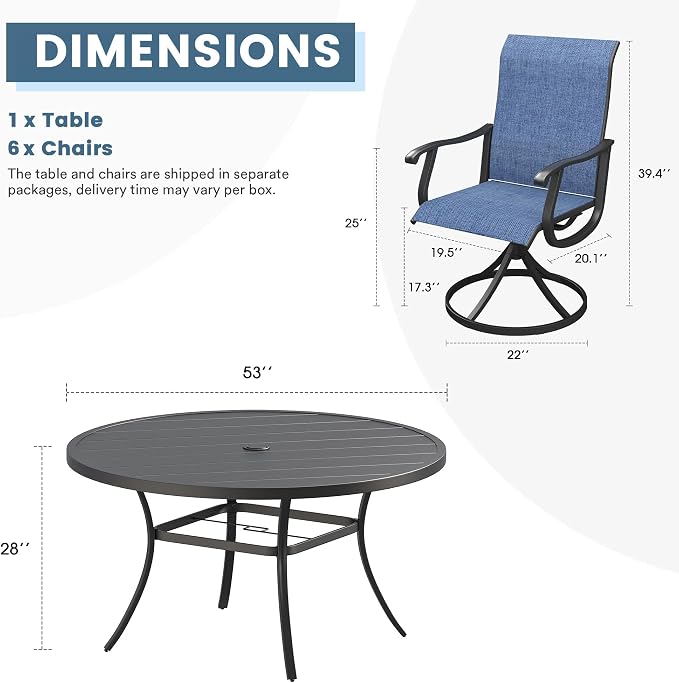 DIFY Outdoor Dining Set for 6, 7 Piece Patio Table and Chairs Set, Swivel Patio Dining Chairs with Blue Textilene & 53" Black Round Metal Dining Table with Umbrella Hole, for Garden Backyard Deck
