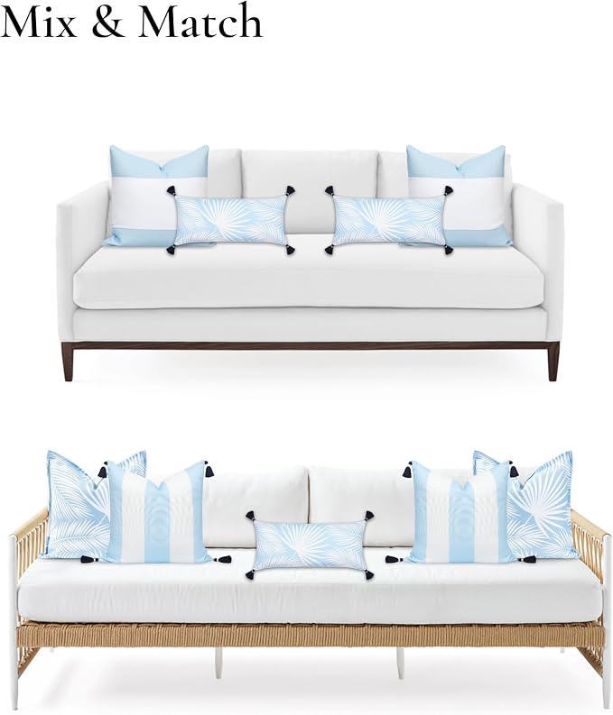 Hofdeco Premium Coastal Patio Indoor Outdoor Long Lumbar Pillow Cover Only, 12"x26" Water Repellent for Backyard, Couch, Baby Blue Palm Leaf with Tassels