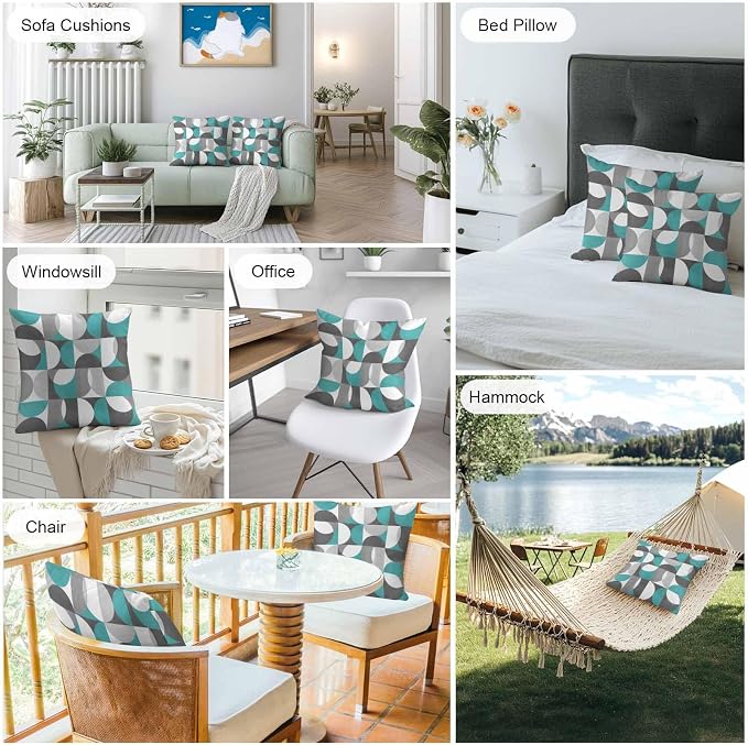 Vandarllin Outdoor Throw Pillows Covers 24x24 inch Set of 2 Waterproof Mid Century Geometric Decorative Zippered Cushion Covers for Patio Furniture, Abstract Modern Teal Lumbar Pillowcases