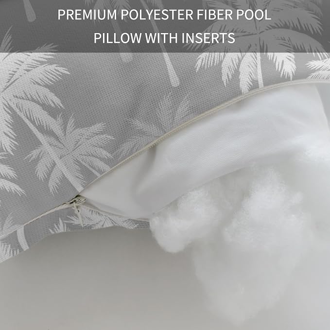 Tropical Palm Tree Outdoor Pillows for Chaise Lounge Chair Waterproof Lumbar Pillows with Insert&Adjustable Elastic Strap Beach Headrest Pillow Gray White Plants Coastal Leaf Beach Pool Pillow 12"x20"