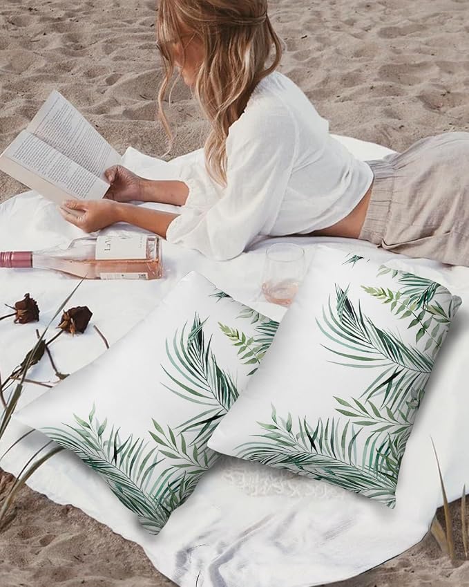 Outdoor Waterproof Throw Pillows Tropical Palm Leaves White Patio Pillows Pack of 2,Decorative Pillow Covers with Insert,Pillow Cushion Case for Garden Couch Sofa Pastoral Green Leaf Plant