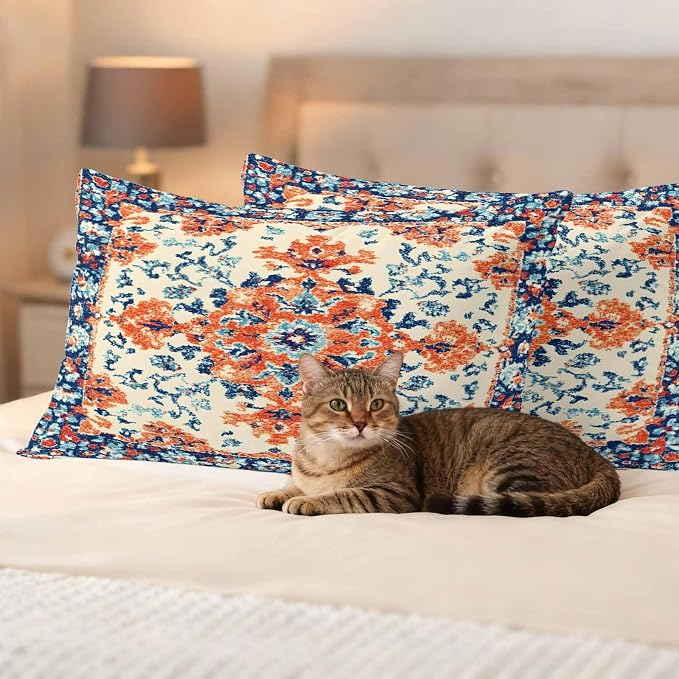 Retro Ethnic Leaves Outdoor Waterproof Throw Pillow Covers Set of 2, 20"x12", Flowers Orange Blue Texture Decorative Pillow Covers Outside Cushion Case for Patio Porch Garden