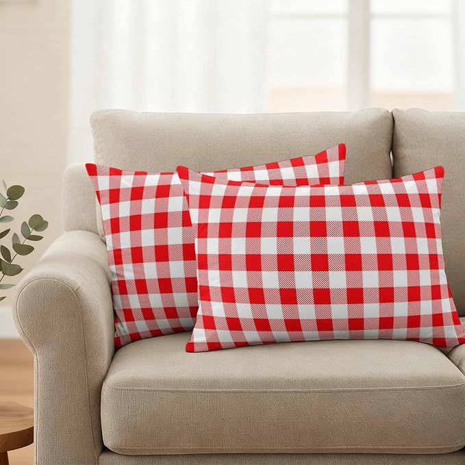 Red White Plaid Waterproof Outdoor Pillow Covers Set of 2 Home Decor Modern Farmhouse Buffalo Check Gingham Pillowcase Patio Pillow Covers for Couch Bench Furniture Garden 20x12in