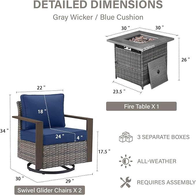 Belord Social 5 Pieces Patio Furniture Set - Swivel Rocker Glider Outdoor Chairs Set of 4 with 50000BTU Propane Fire Pit Table, Durable Wicker Outdoor Conversation Set for Casual Gathering
